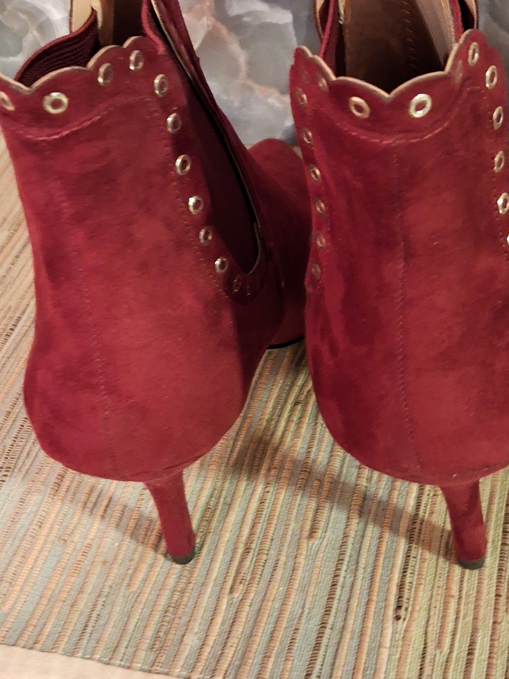 Badgley Mischka Burgundy Suede Pointed Ankle Booties with Scalloped Topline - Picture 4 of 7